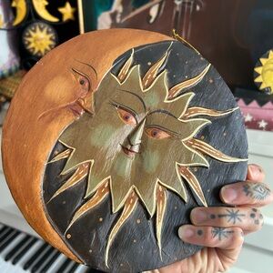 Vtg Wooden 8" Hand Painted Sun Moon Face Hanging Ornament Christmas Indonesia